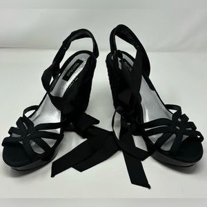 White House Black Market Wedge Platform Sandals Heels Size 9 Black Ankle Wrap